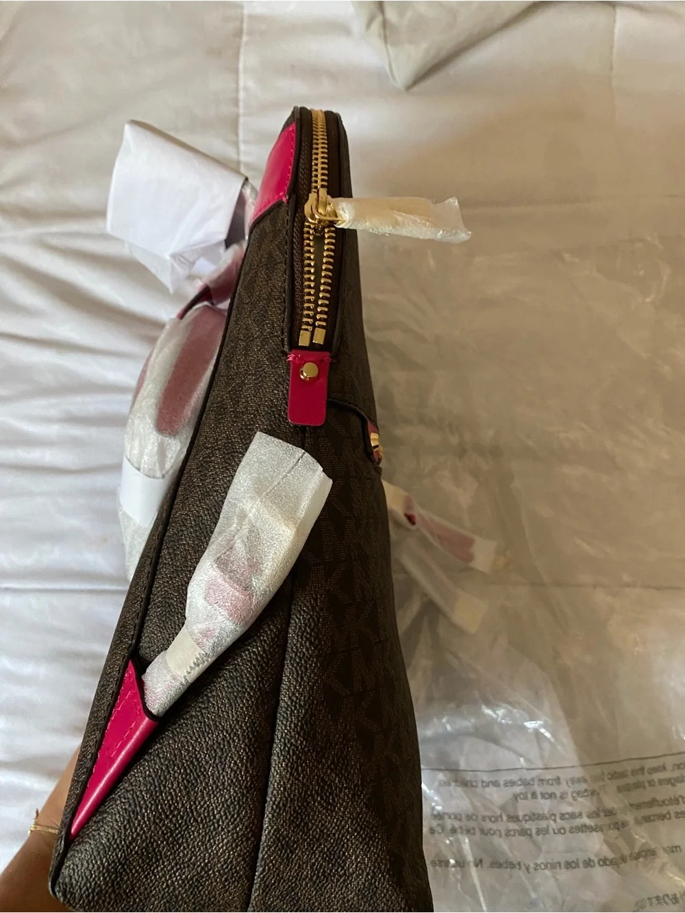 Michael Kors Brown Crossbody with Pink Trim and Gold Hardware
